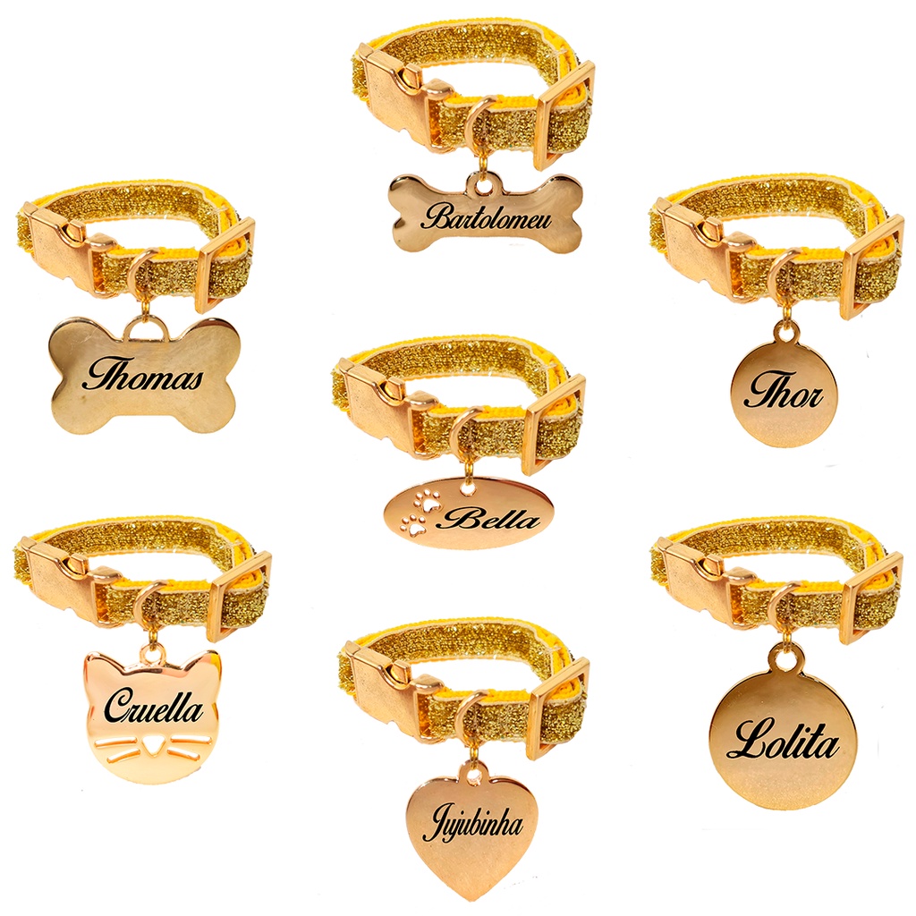 Coleira Identificação Personalizada Nome Telefone Gravado Laser Cachorro Gato Placa Pet Metal Dourado