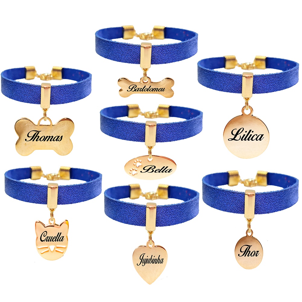 Coleira Couro Gargantilha Placa Nome Telefone Gravado Laser Gato Cachorro Plaquinha de Identificação Metalizado Azul Pet