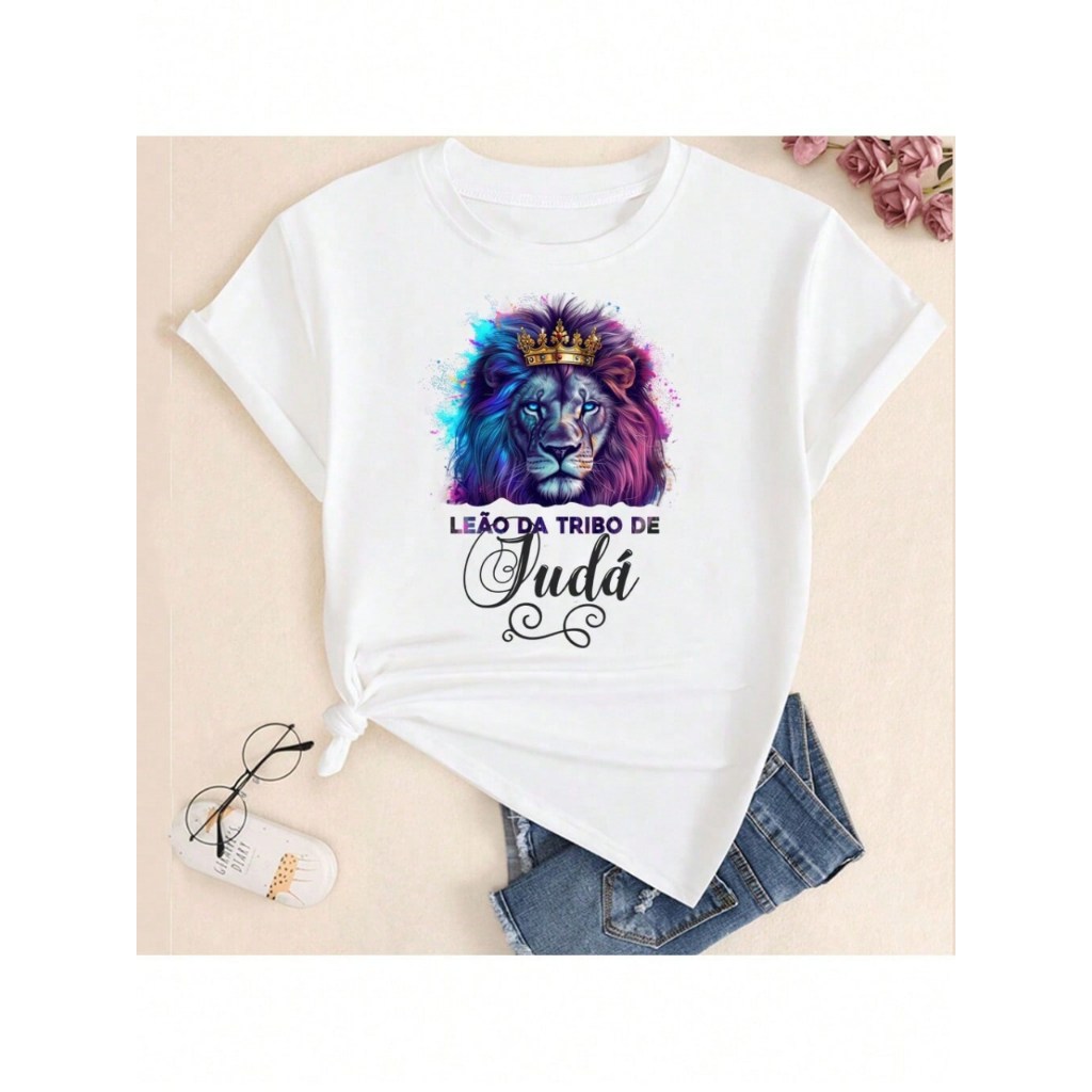 Camiseta T-shirt Feminina Blusa Leão de Judá - ModaCamiseta T-Shirt feminina manga curta, com estampa digital sublimada