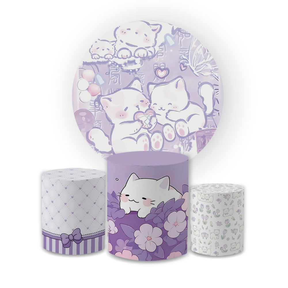 Kit Festa Infantil Gatinho Fofo Lilás Conjunto de Painéis Tecido Sublimado Premium com Estampa Digital Delicada Flores