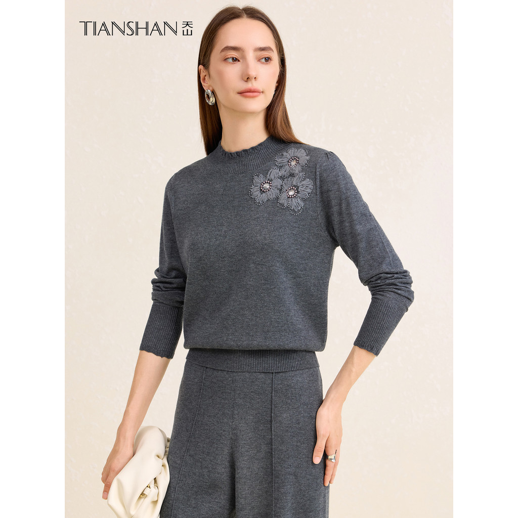 Tianshan outono inverno gola fungo manga comprida pulôver lã malha camisola feminina meia gola alta frisado bordado Retr