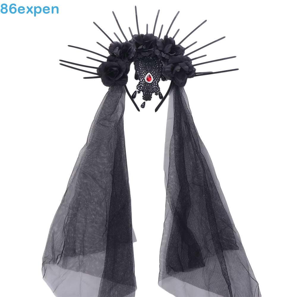 EXPEN1 Faixa De Cabeça De Halloween , Véu De Strass De Malha , Adereços De Cabelo De Noiva Com Coroa De Rosa Gótica Retr