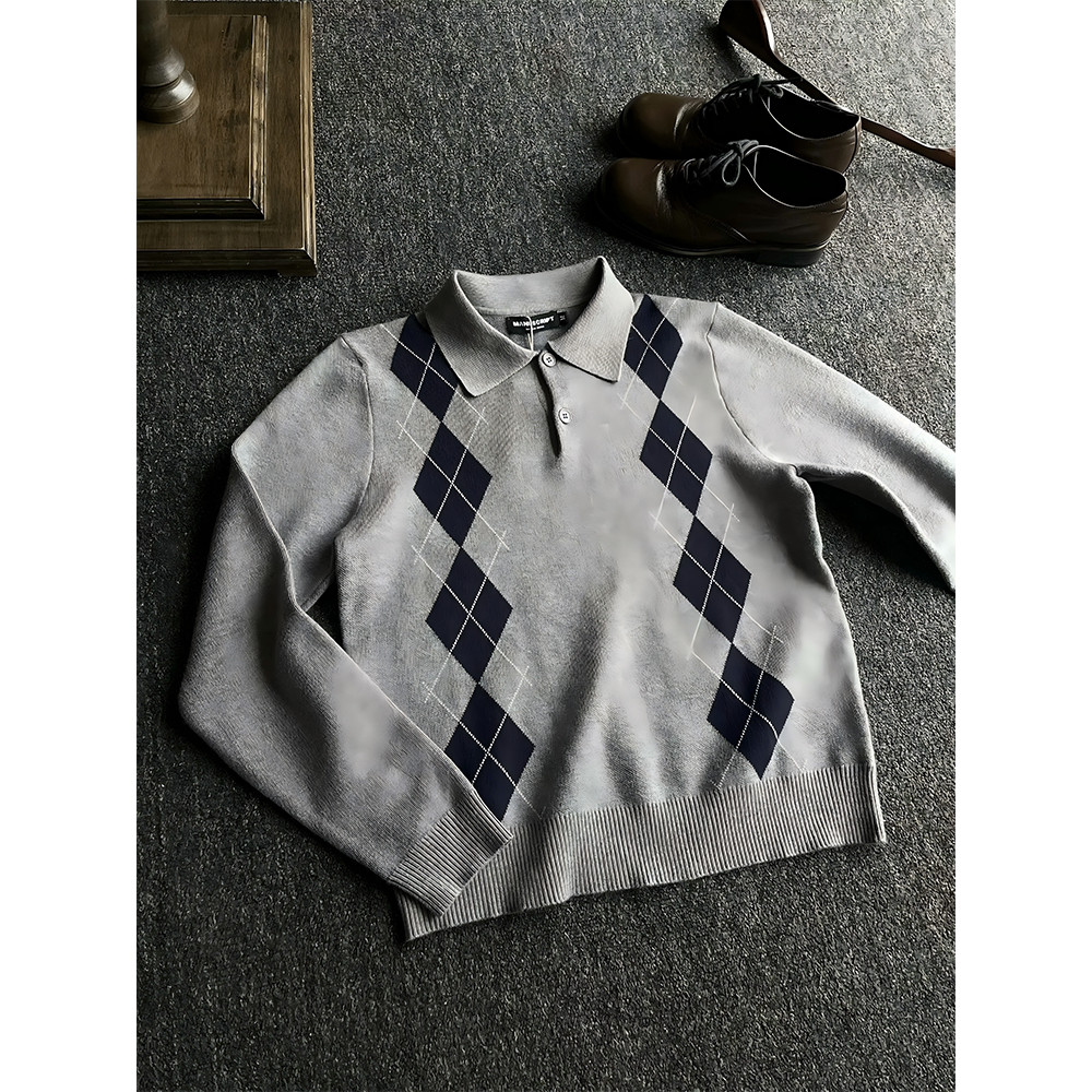 Miu série diamante verificação gola polo camisola masculina outono estilo dinheiro antigo Jacquard malhas americano Retr