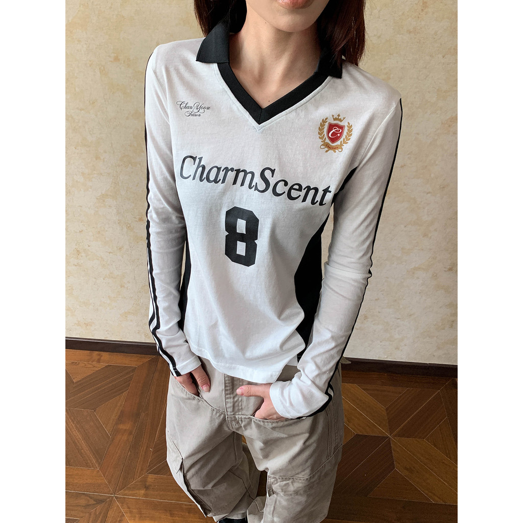 Apocket americano com decote em V camisa esportiva protetor solar de manga comprida camiseta feminina ombro genuíno Retr