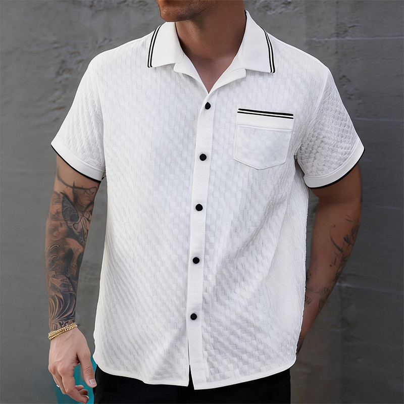Verão Masculino Malha Cardigan Polo Camisas De Manga Curta Retalhos Moda Único breasted Camisetas Premium Americano Retr