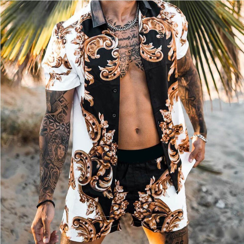 Novos Homens Havaiano Agasalho Luz Luxo Conjunto De Malha Lazer Impresso Camisa Manga Curta + Shorts 2 Peça Popular Retr
