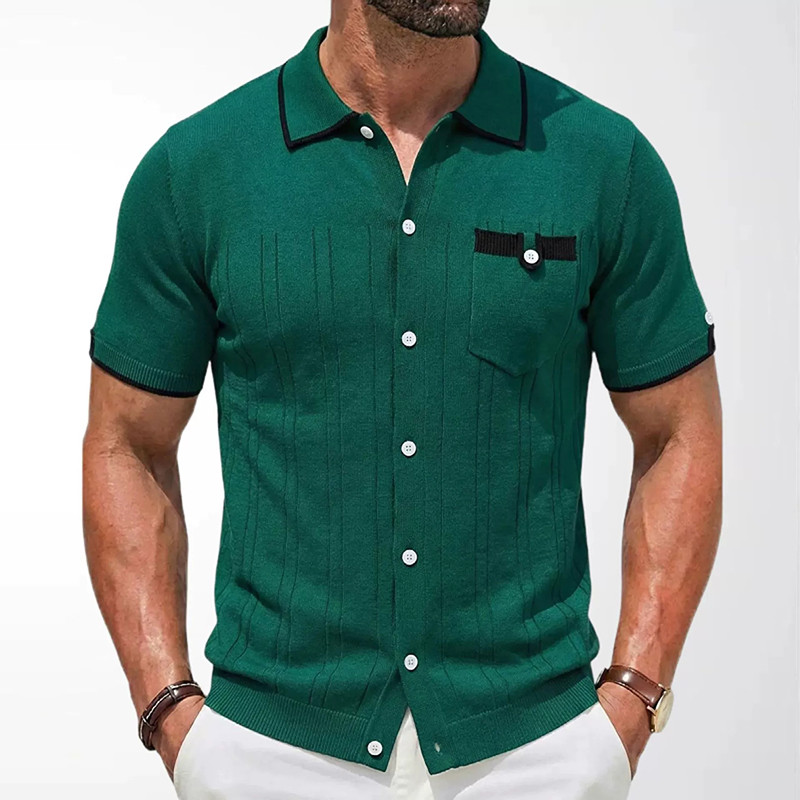 Verão Masculino Malha Cardigan Polo Camisas De Manga Curta Retalhos Moda Único breasted Camisetas Premium Americano Retr