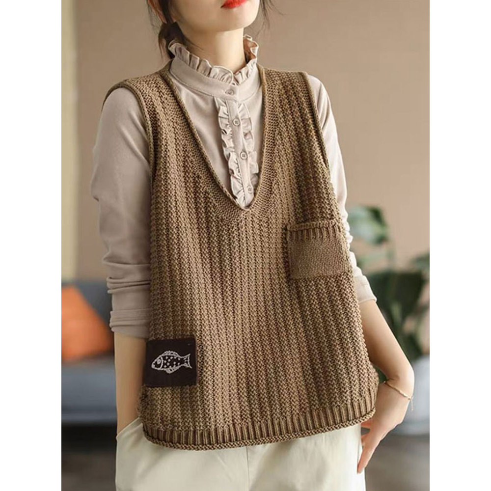 Estilo japonês Commuter estilo remendo colete de malha feminino com decote em V curto solto tamanho grande feminino Retr