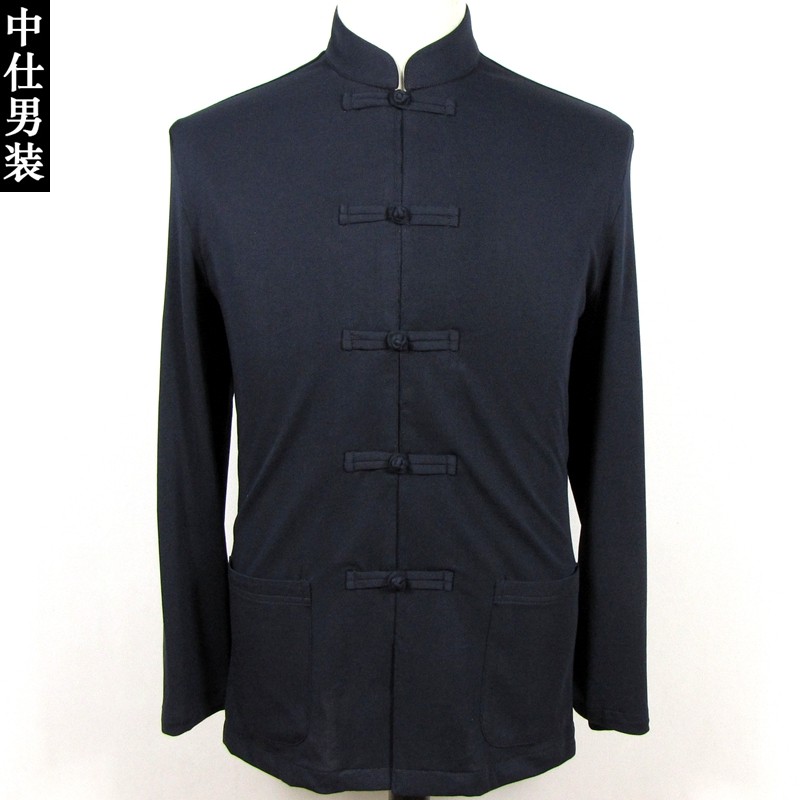 Estilo chinês primavera outono malha de manga comprida masculino Tang terno estilo chinês gola alta abotoado camisa Retr