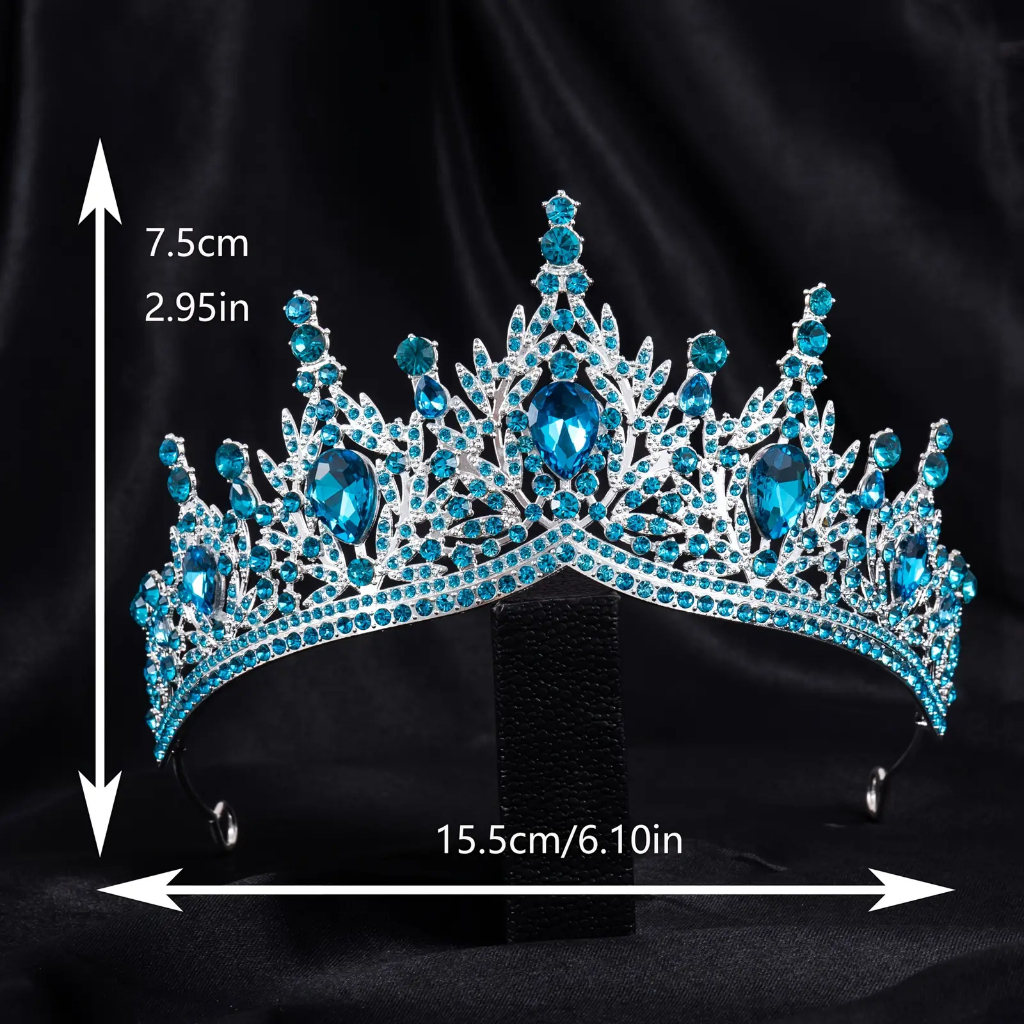 COROA RAINHA de Cristal AZUL de Luxo para Formaturas e Casamentos, Acessório de Cabelo Elegante