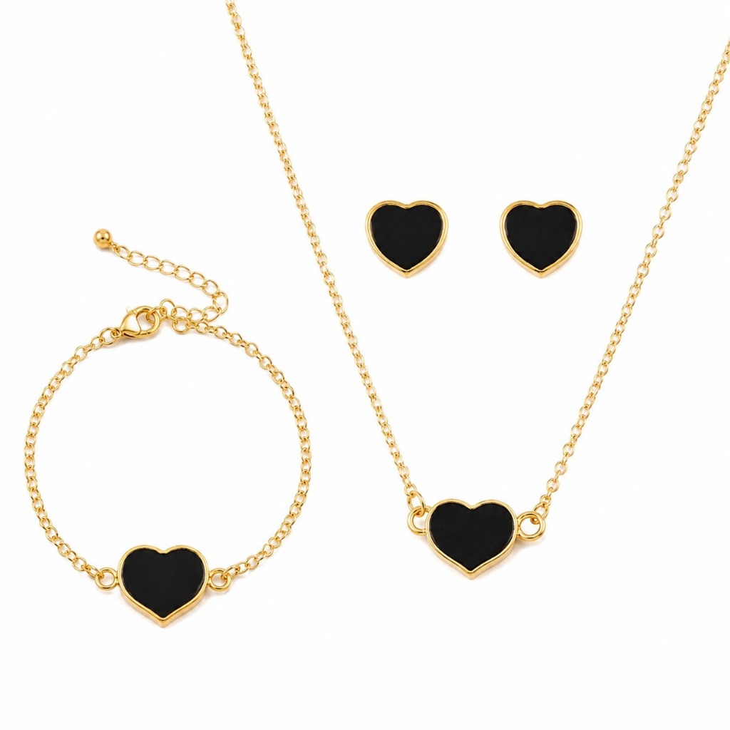 Kit Joias Feminino Coracao Preto Gold Colar Brinco Pulseira Banhado Ouro Luxo Presente Elegante Namorada