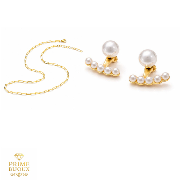 Kit Choker 3mm Aço Inoxidável Ouro 18K + Brinco 6 Pérolas Ear Jacket Luxo Elegante