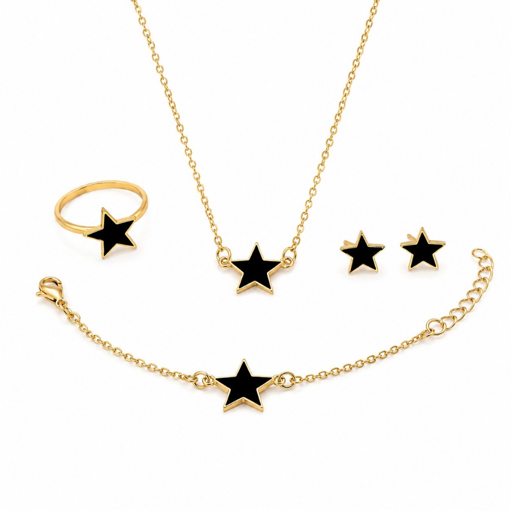 Kit Joias Feminino Dourado Estrela Negra Colar Pulseira Anel Brinco Luxo Banhado a Ouro Presente Elegante