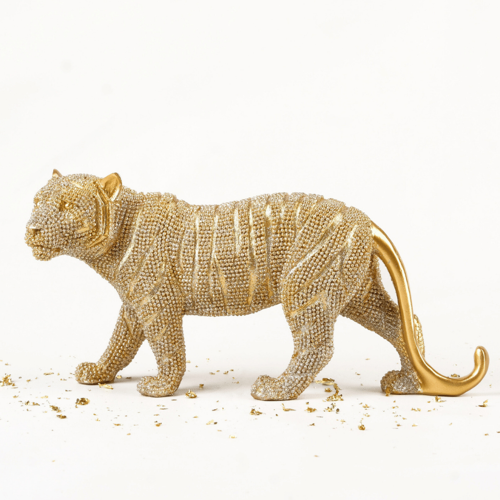 Decoração Tigre Dourado Luxo Resina Estátua Escultura Realista Arquétipo Elegante Foco Estratégia Motivação