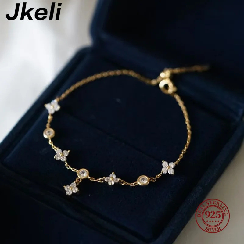Jkeli Pulseira Feminina Prata 925 Dourado Flor Trevo com Zirconia Fina Delicada Elegante Doce Luxo Festa Romântica