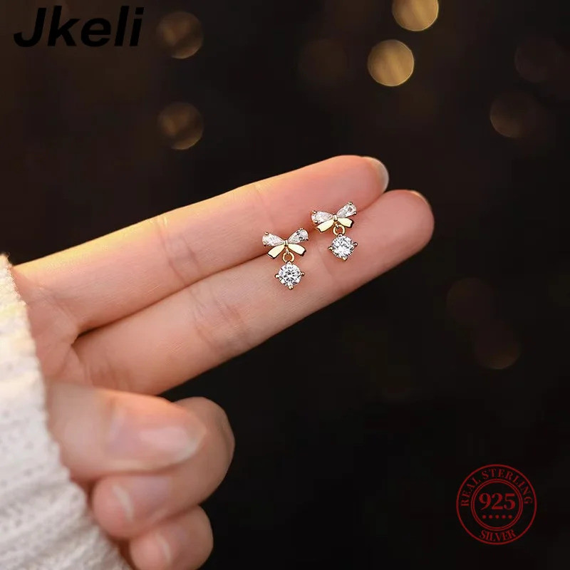 Jkeli Brinco Feminino Prata 925 Dourado Laço com Zirconia Pendente Delicado Doce Elegante Luxo Festa Romântico
