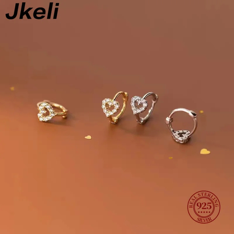 Jkeli Brinco Argola Feminino Prata 925 Coração Vazado com Zirconia Dourado Delicado Romântico Elegante Luxo Festa