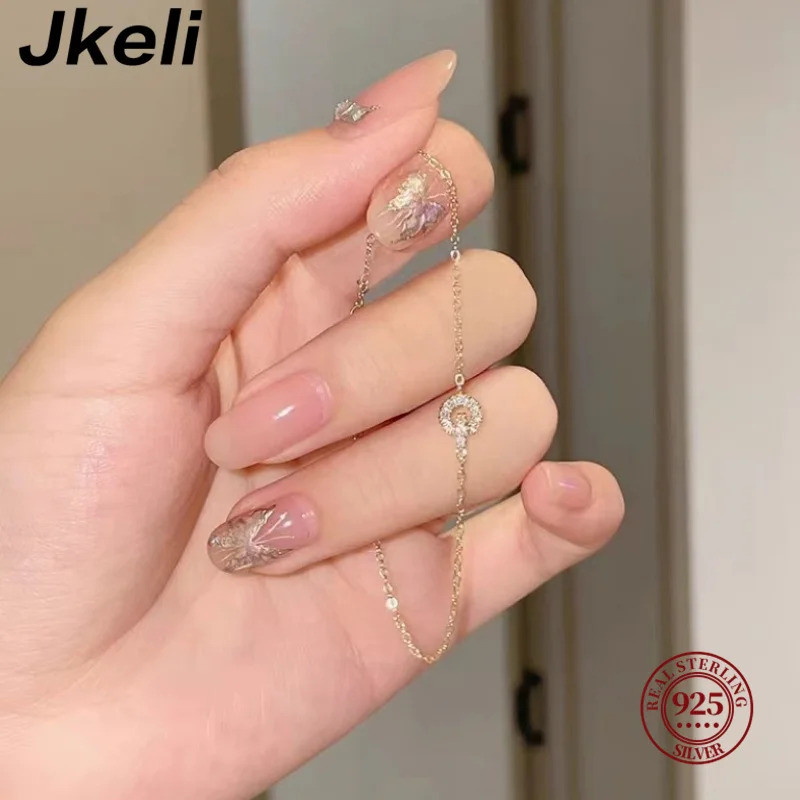 Jkeli Pulseira Feminina Prata 925 Dourado Círculo com Zirconia Fina Delicada Minimalista Elegante Luxo Festa Moderna