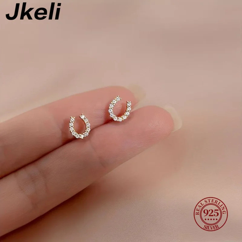 Jkeli Brinco Feminino Prata 925 Dourado Ferradura com Zirconia Sorte Delicado Moderno Elegante Luxo Festa Minimalista