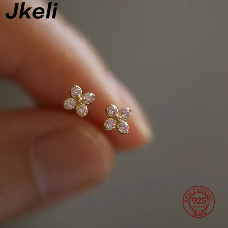 Jkeli Brinco Feminino Prata 925 Dourado Trevo Flor Rosa com Zirconia Delicado Doce Elegante Luxo Festa Romântico