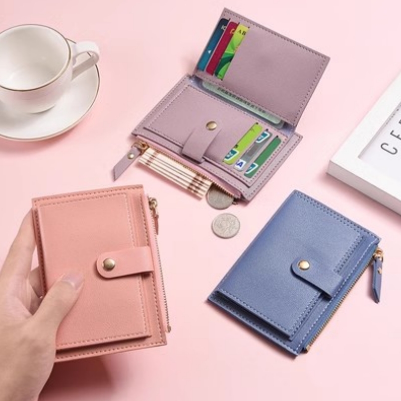 Carteira Feminina de Couro PU 2025 Mini Zíper Porta-Cartões Portátil Bolsa de Moedas Multi-Bolsos RFID
