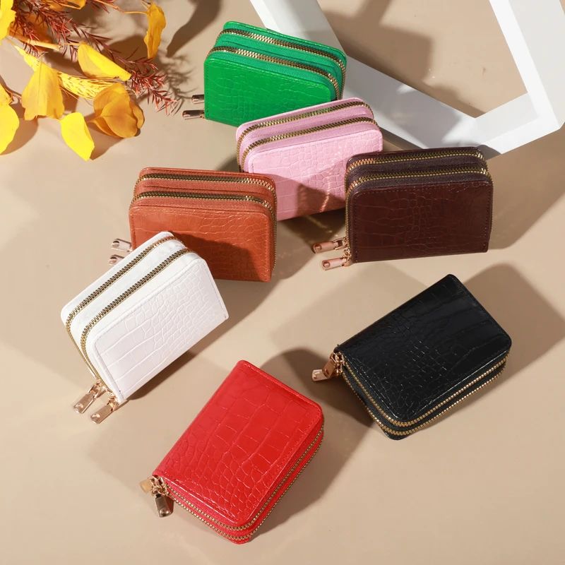 Carteira Elegante Mulher Multi Cartão com Zíper Duplo | Bolsa Casual de Couro PU para Cartões.