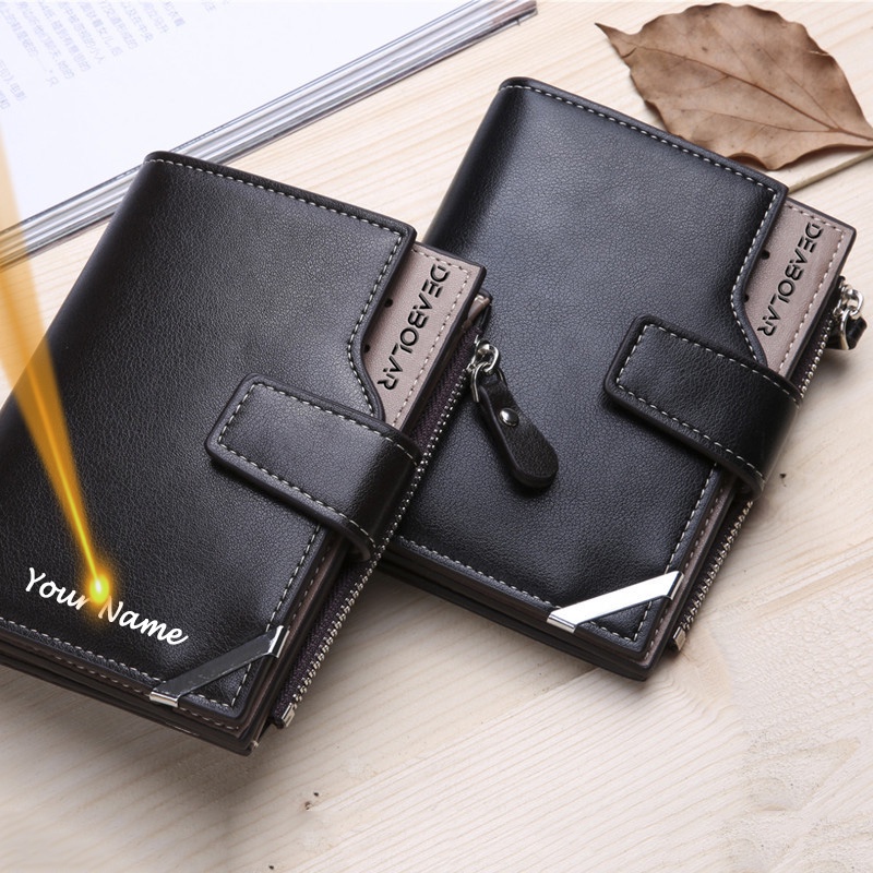 Nome Personalizado Carteira Masculina Multi-Funções Porta-Cartões Com Zíper De Couro PU Para Marido/Namorado