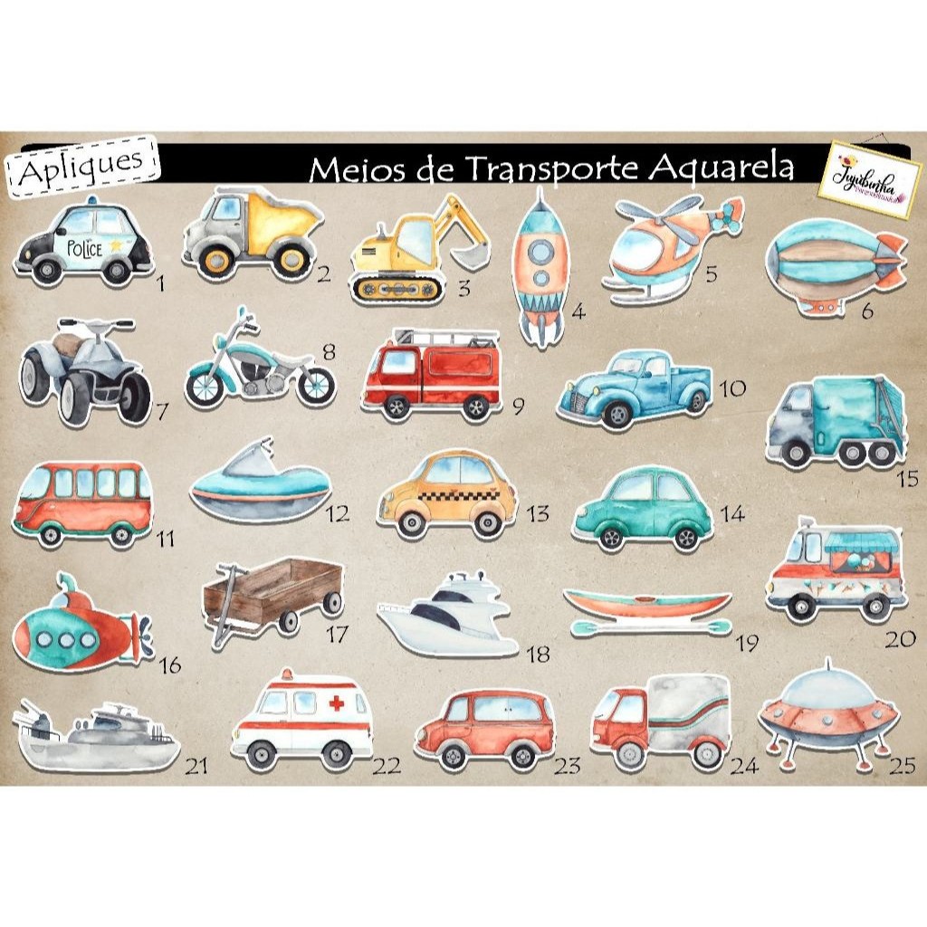 ADESIVOS RECORTADOS - MEIOS DE TRANSPORTE AQUARELA -  LEMBRANCINHA, TUBETES, DECORAÇÃO, FESTAS, ARTE