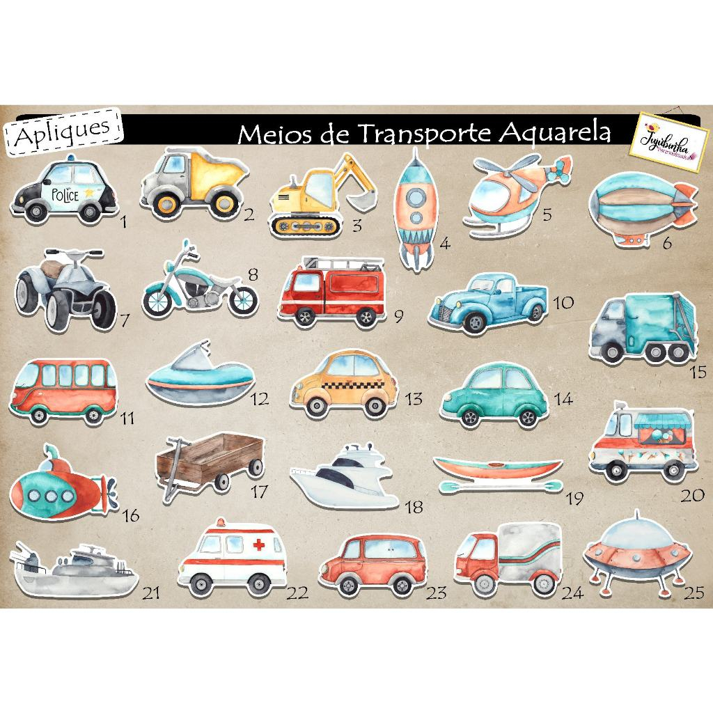 APLIQUES RECORTADOS - MEIOS DE TRANSPORTE AQUARELA -  LEMBRANCINHA, TUBETES, DECORAÇÃO, FESTAS, ARTE
