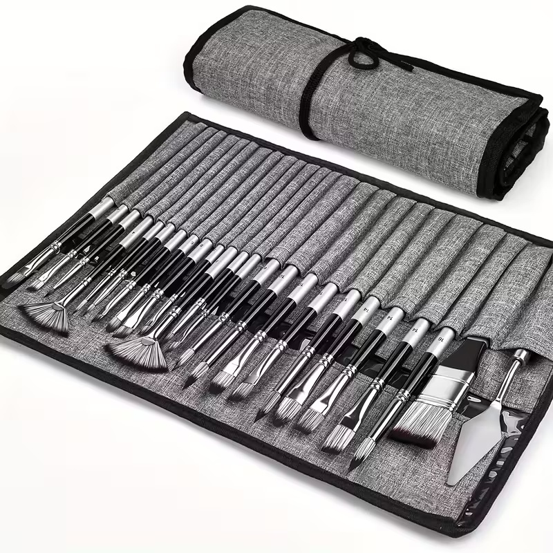 Conjunto De Pincéis De Arte 24 Peças Com Estojo De Transporte , Tubo De Alumínio De Cabelo De Nylon Para Óleo Aquarela A