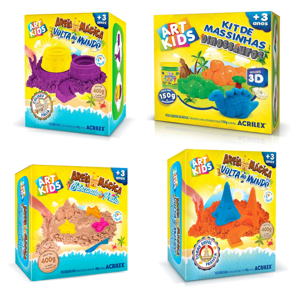 Brinquedo Kit Massinha Modelar Ou Areia Mágica Acrilex Dinossauro, Transportes, Castelos, Praia