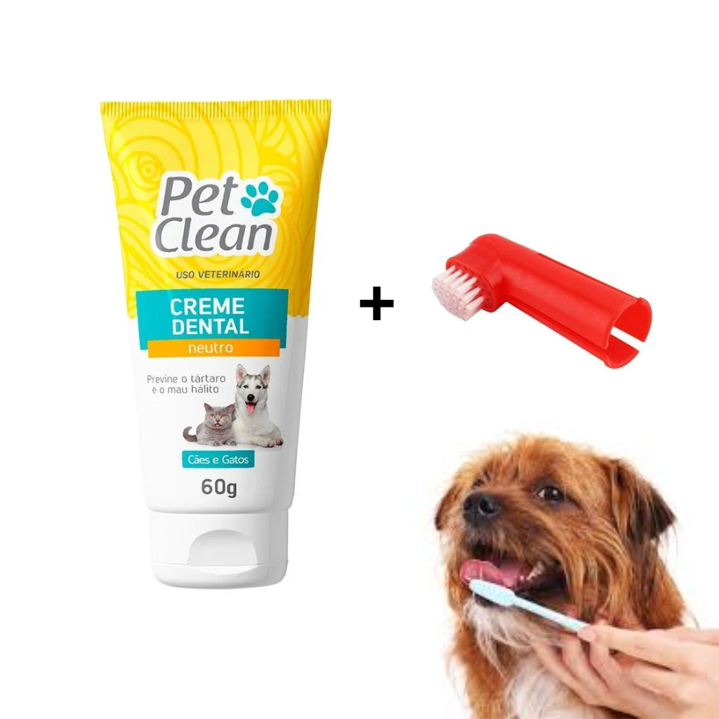 Creme dental Pet Clean Para Caes E Gatos 60gr Sabor Neutro + Escova Dental dedeira