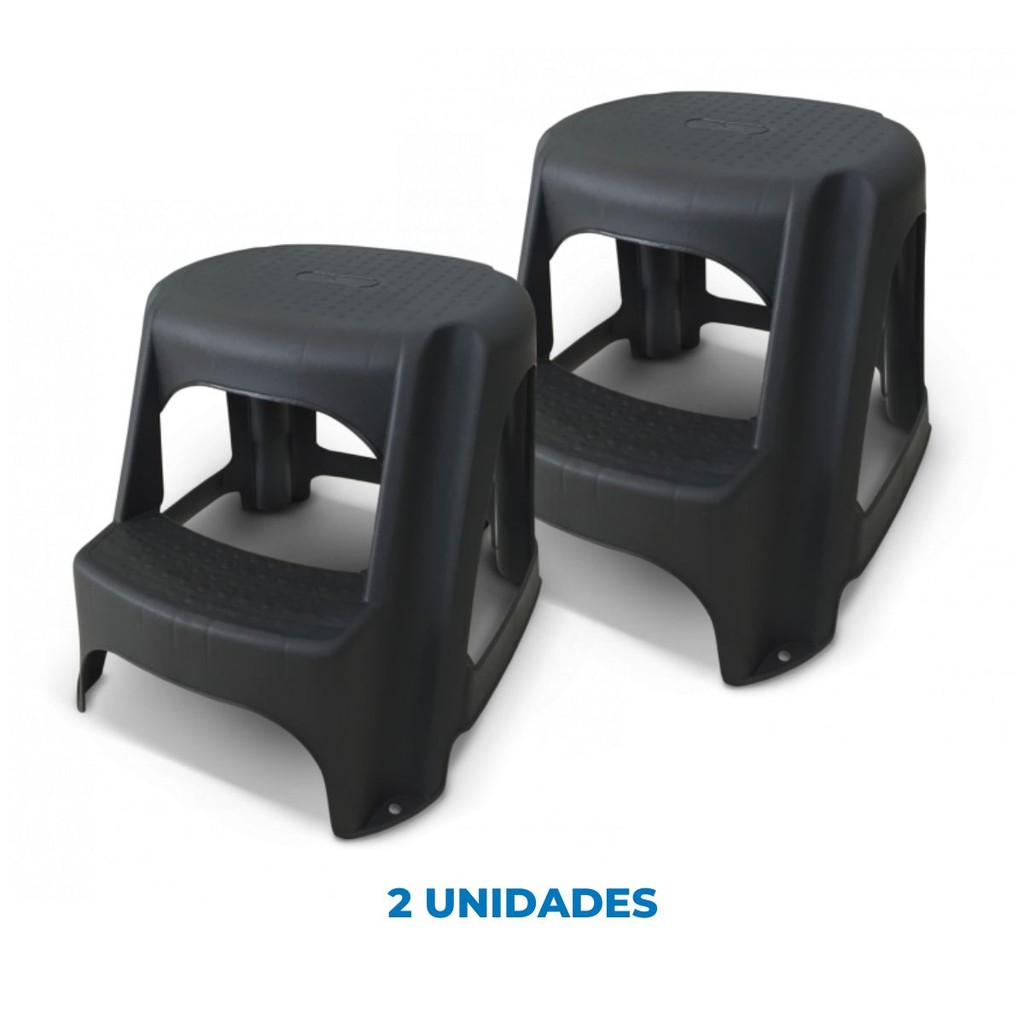 2 Banquetas Plásticas Pretas Escada Step Multiuso 2 Degraus Leve