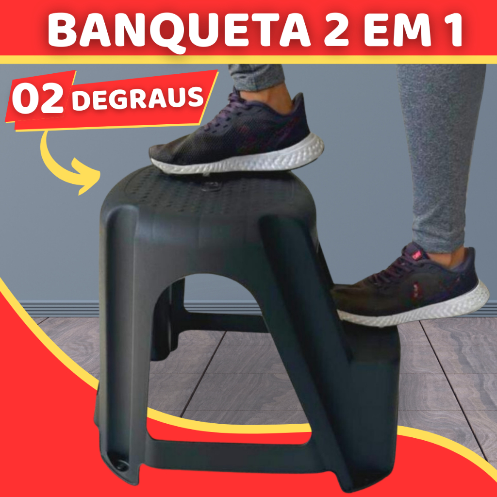 Banco Plástico Banqueta Escada Step 2 Degraus Banquinho Resistente Bar Lanchonete Adulto Preto Mesa Grande até 70kg