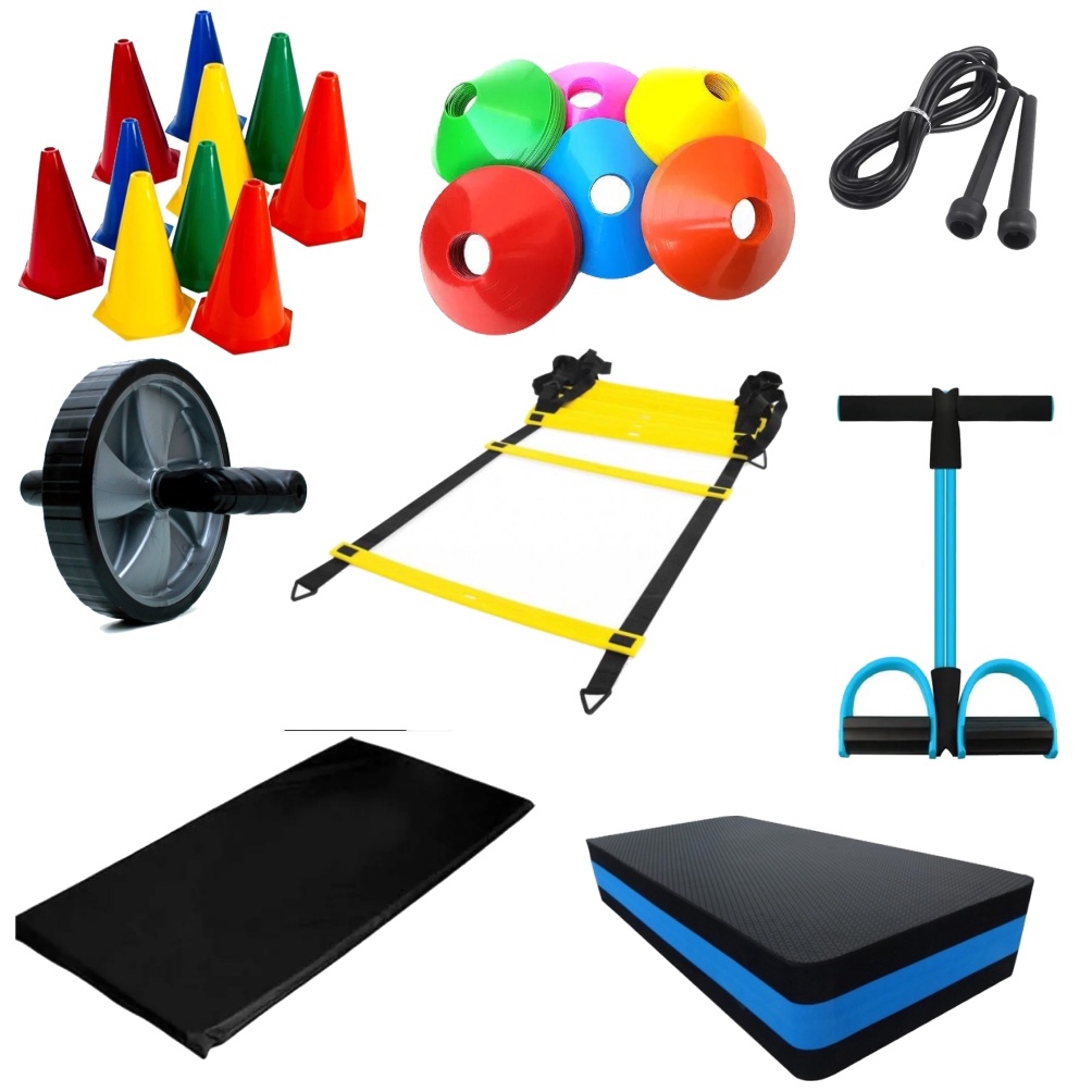 Kit Funcional/Treino Em Casa C/ 16 Ítens - Escada + Roda + Cone+ Prato + Step + Cones + Pratos