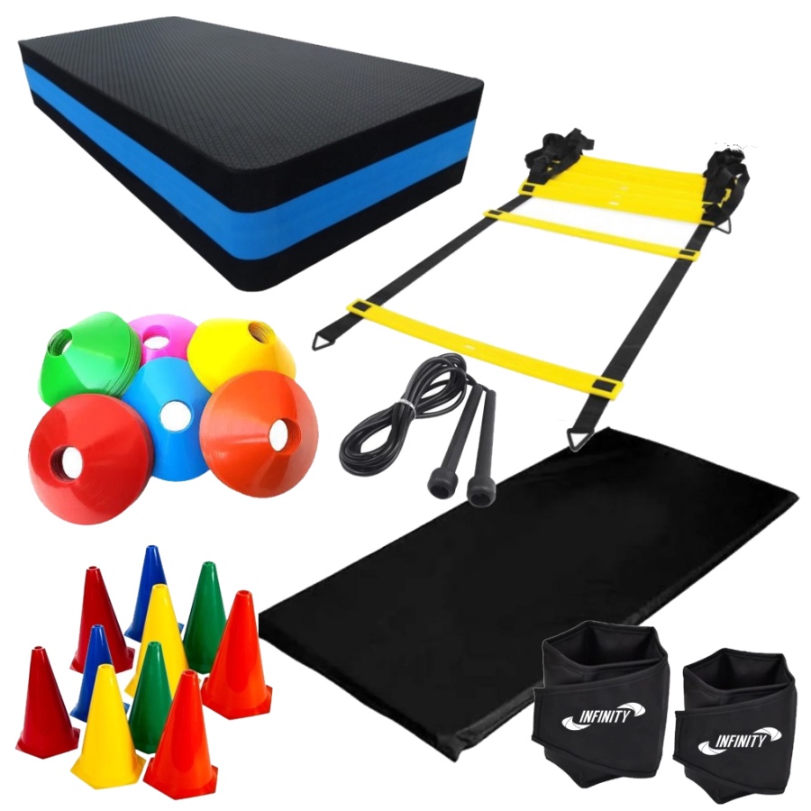 Kit Funcional profissional C/ 15 Ítens - Escada +Caneleira4+ 5Cone+ 5Pratos + Colchonete + Corda + Step