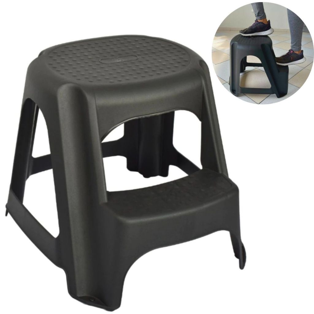 Banco Plástico Banqueta Escada Step 2 Degraus Banquinho Resistente Bar Lanchonete Adulto Preto Mesa Grande