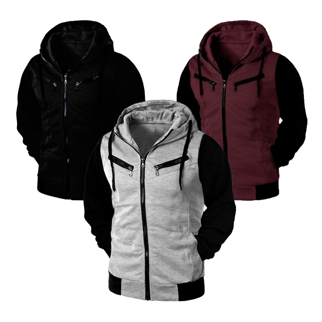 Kit 03 Blusas De Frio Moletom Masculino Raglan Com Bolso e Capuz Conjunto Jaqueta
