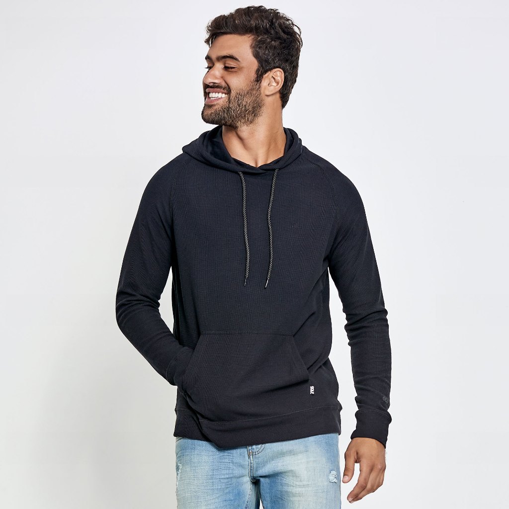 Casaco Básico de Frio Raglan Masculino Com Bolso e Capuz Regulável