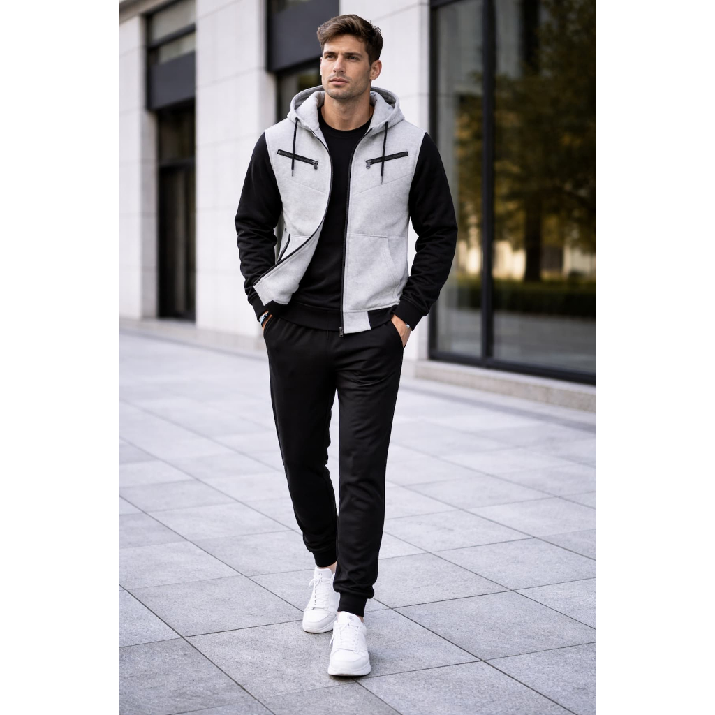 Conjunto Blusa de Frio Casual Kit Jaqueta Raglan com Capuz e Ziper + Calça Jogger Com Bolsos