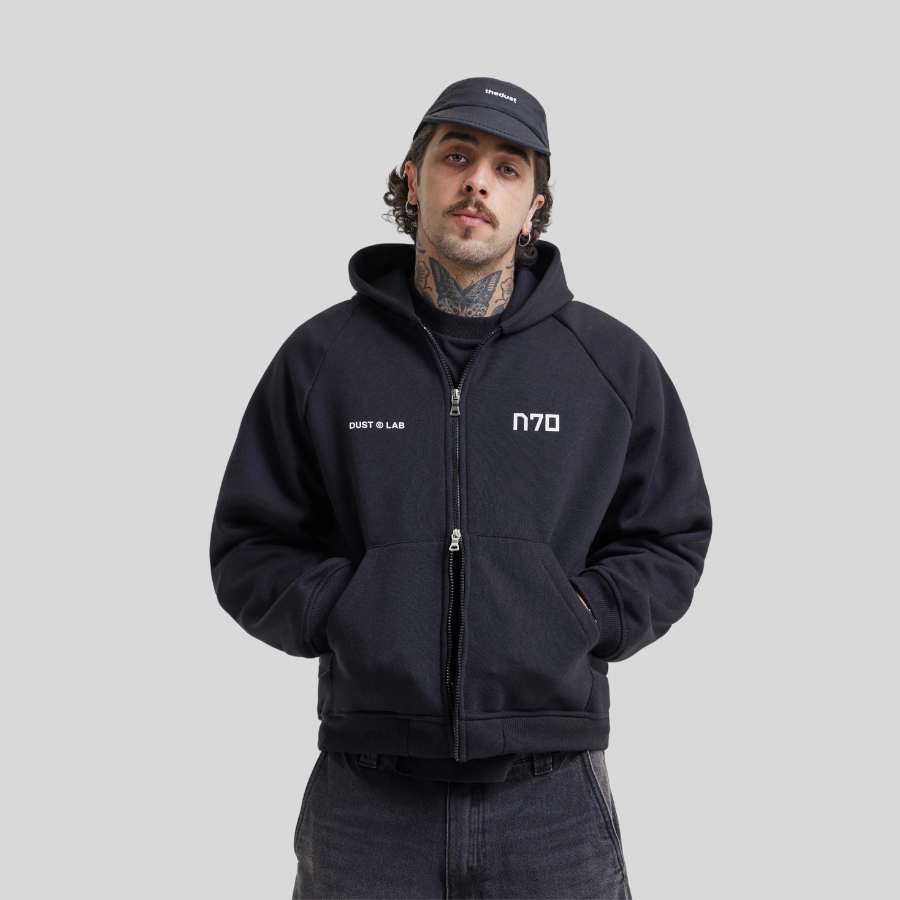 Moletom Masculino Lab Double Zip Preto Dust Thermo+ Boxy Fit Manga Raglan Capuz Zíper Duplo