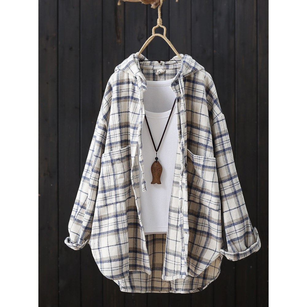 Primavera outono 2026 novo estilo com capuz camisa xadrez feminina manga comprida mangas Raglan solto escovado Cardigan