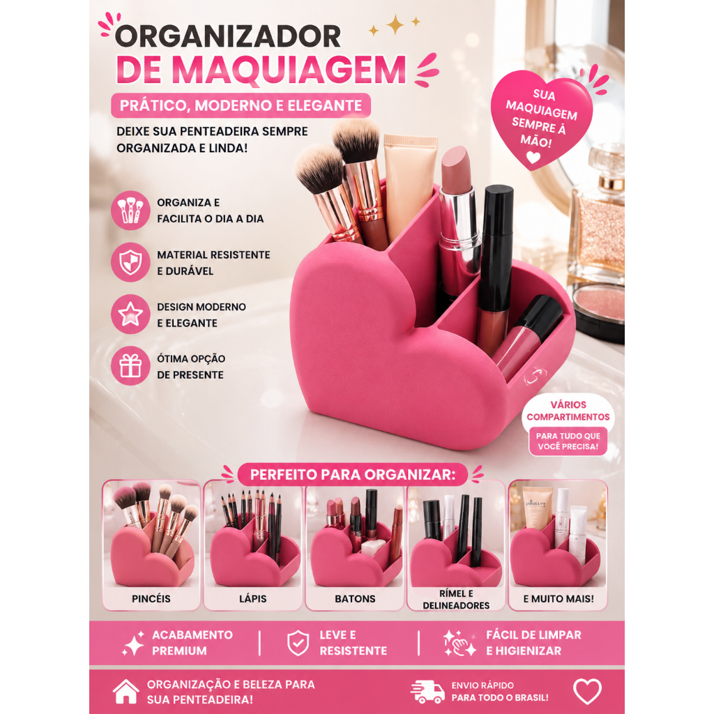 Organizador de Maquiagem Porta Pincéis Batons Lápis Delineador Coração Decorativo Multifuncional