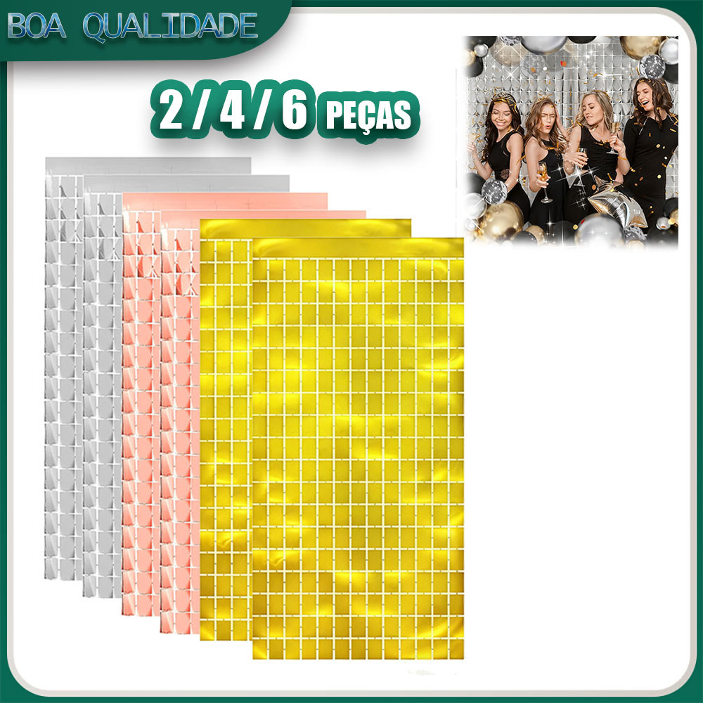 Kit 2 4 6 Cortina Metalizada Quadrada Painel Shimmer Wall Dourado Decoração Foil Franja Metálica Prata Festa - 2x1m