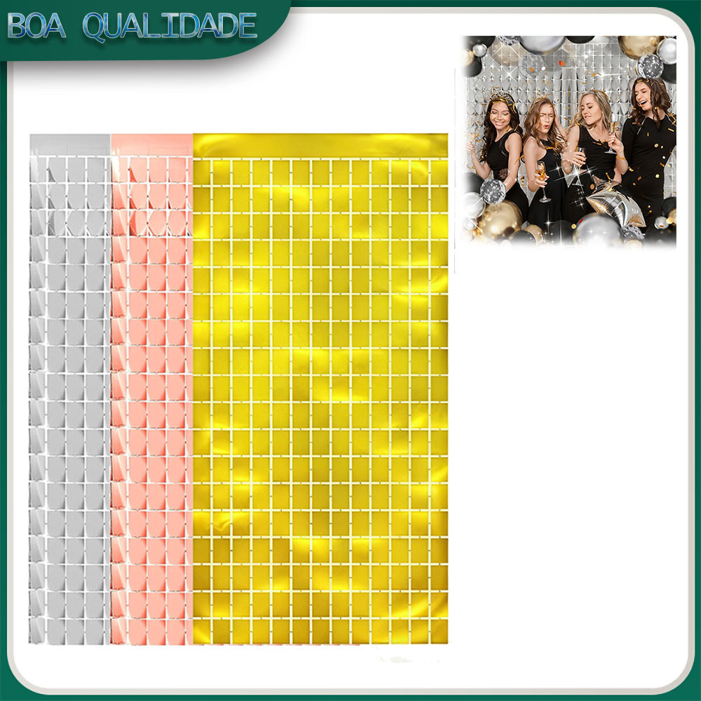Kit 2 Cortina Metalizada Quadrada Painel Shimmer Wall Dourado Decoração Foil Franja Metálica Prata Festa - 2x1m