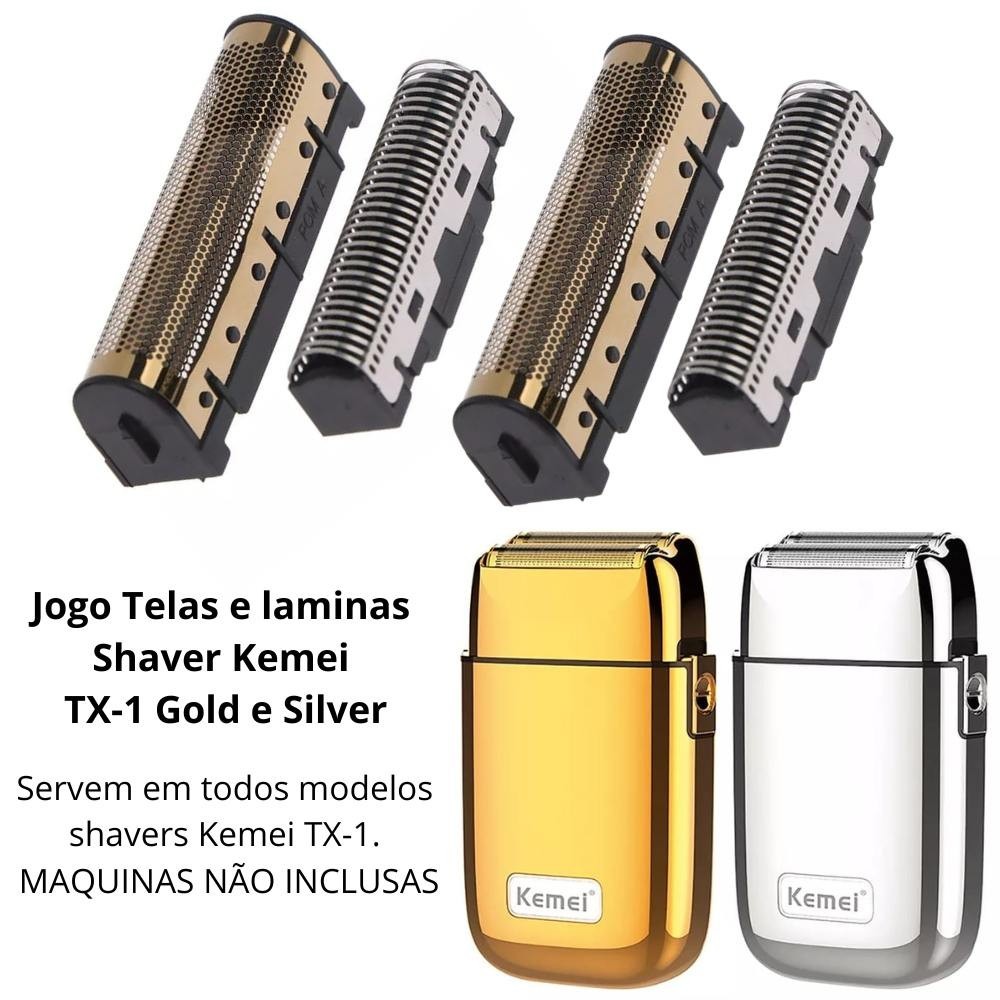 Kit 2 Telas Foil + Lâminas De Corte Shaver Kemei Tx-1 Gold e Prata