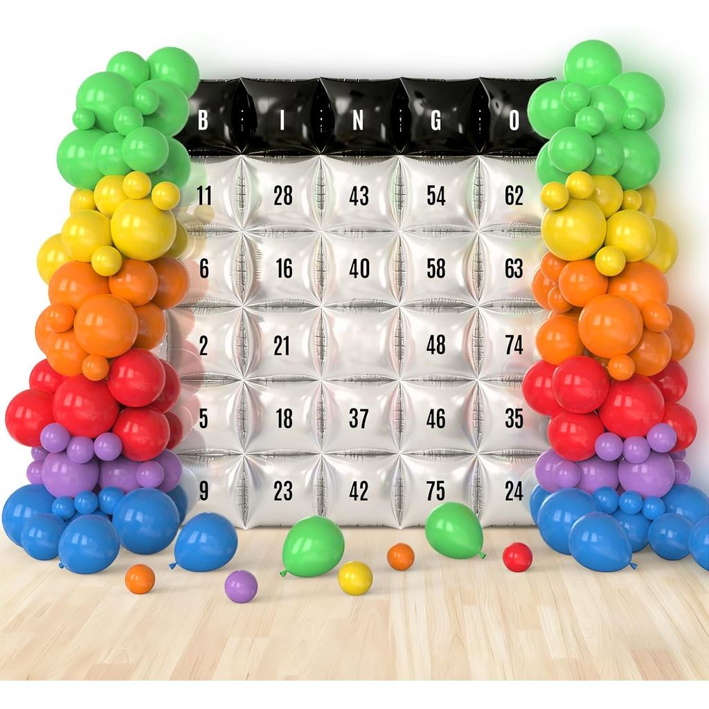 102Pcs Bingo Game Party Balloons Garland Arch Kit Black Gold and Silver Double Sided Square Foil Balloon Wall Backdrop w
