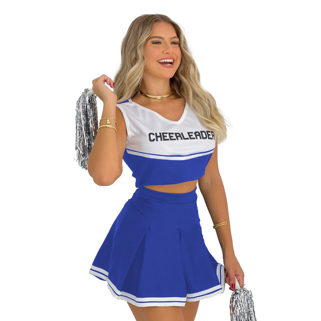 Fantasia Cheerleader Adulto Uniforme Líder de Torcida Americano com Blusa e Saia