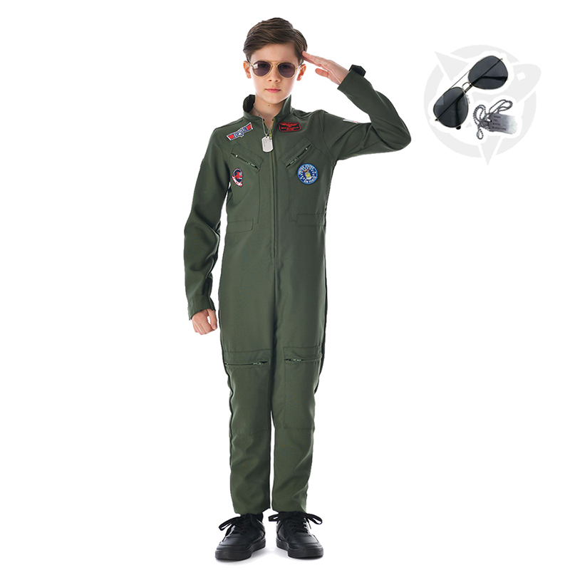 Fatos de interpretação de papéis para pilotos em reuniões familiares pais-filhos Fantasia Meninos Halloween Exército Americano Piloto Verde Uniforme Cosplay Macacão
