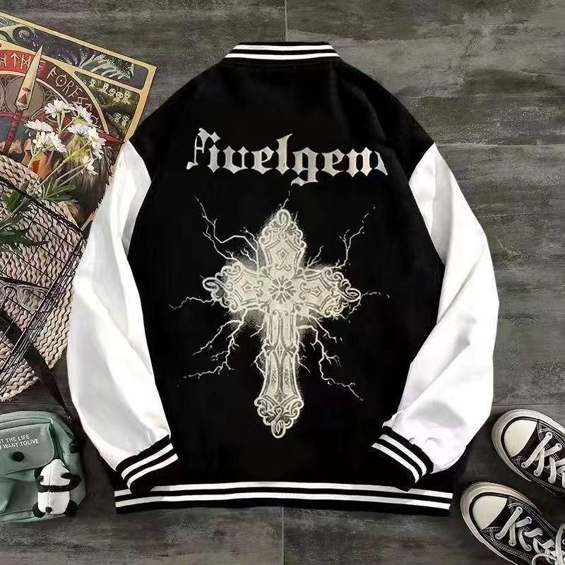 Americano Impresso Uniforme De Beisebol Masculino Jaqueta De Manga Comprida Outono Moda casual Preto Solto Grossa Topo